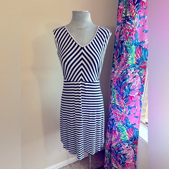 Boston Proper Nautical Navy and White Striped V-Neck Sleeveless Midi Dress S - Picture 1 of 10